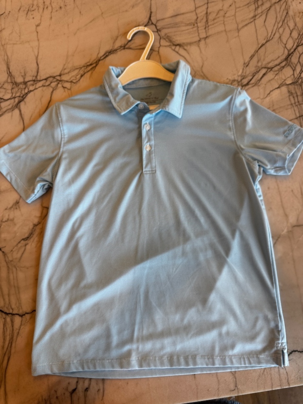 Properly Tied Boys polo. Size 10-12. Blue and white striped. Performance Polo